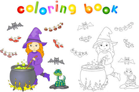 Pretty friendly witch brews a potion. Magic potion boils in a cauldron. Dried mushrooms are hanging in a cave. Snake and bats sitting nearby. のイラスト素材