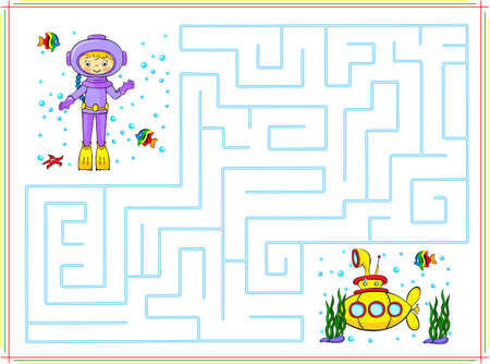 Help the diver go through a maze and find yellow submarine in the ocean. Educational game for children. のイラスト素材