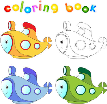 Funny cartoon submarine. Coloring book for children. Vector illustrationのイラスト素材