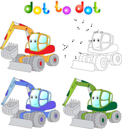 Funny cartoon excavator. Connect dots and get image. Educational game for kids. Vector illustrationのイラスト素材