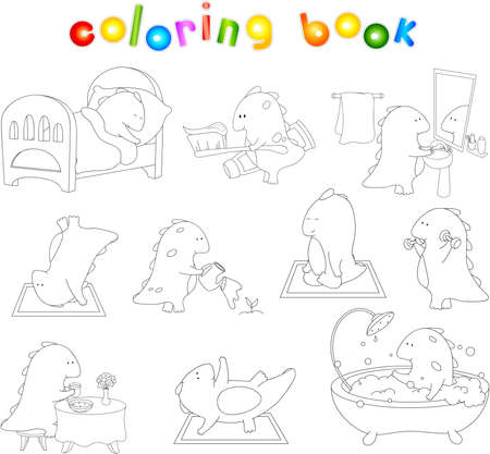 Crummy bellied dragon is sleeping, doing exercises, washing his hands, taking bath, eats his breakfast or dinner and watering flowers. Coloring book about healthy lifestyle for children. Vector illustration for kidsのイラスト素材
