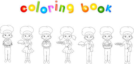 Set of cartoon waiter, cook and chef. Vector illustration. Coloring book for kidsのイラスト素材