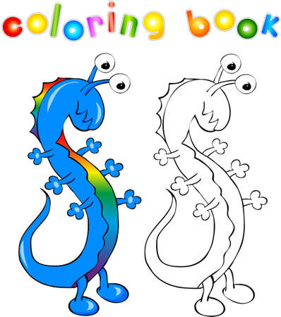 Coloring book. Funny dragon-monster with rainbow skinのイラスト素材