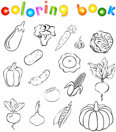 Set of vegetables coloring book. Vector illustrationのイラスト素材