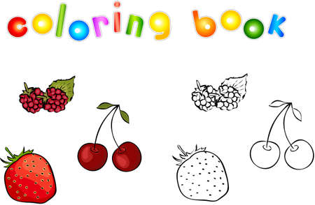 Cartoon berries (strawberries, raspberries and cherry) coloring book. Vector illustration for childrenのイラスト素材