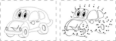 Coloring book. Funny car drawing with dots and digitsのイラスト素材