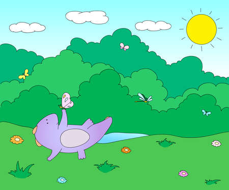 Cute chubby dragon is playing with dragonflies and butterflies on blooming spring meadow. Vector illustrationのイラスト素材