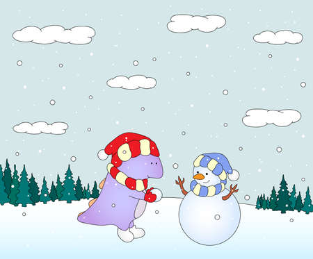Cute chubby dragon sculpts snowman in a snowy forest. Christmas postcard. Vector illustrationのイラスト素材