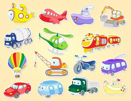 Set of cartoon transport: plane, train, bus, car, helicopter, van, vehicle, aircraft, taxi, crane, excavator.の写真素材