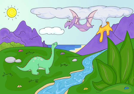 Dinosaurs diplodocus and pterodactyl on a background of  prehistoric nature: mountains, sea and ferns. Volcano spews lava.の写真素材