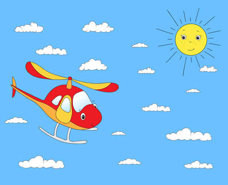 Funny cartoon helicopter in the cloudy skyのイラスト素材