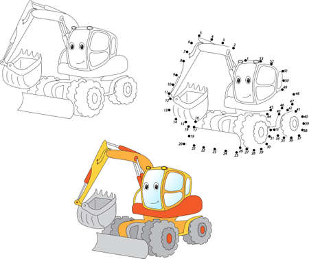 Cartoon excavator. Coloring and dot to dot educational game for kids. Vector illustrationのイラスト素材