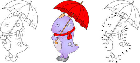 Cute purple dragon playing with umbrella. Vector illustration. Coloring and dot to dot educational game for kidsのイラスト素材