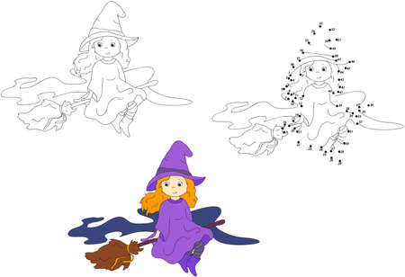 Cute and nice witch flying on a broom. Coloring and dot to dot educational game for kids. Vector illustrationのイラスト素材