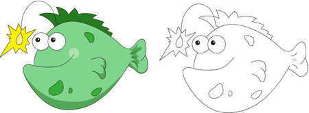 Funny and friendly cartoon fish angler. Coloring book. Vector illustrationのイラスト素材