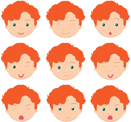 Red-haired boy emotions: joy, surprise, fear, sadness, sorrow, crying, laughing, cunning wink. Vector cartoon illustrationのイラスト素材