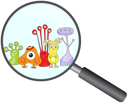 Cartoon microbes peek out from a magnifying lens. Vector illustrationのイラスト素材