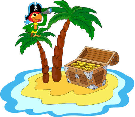 Treasure chest, pirate parrot and palms on the island. Vector illustrationのイラスト素材