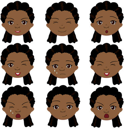 Afro girl emotions: joy, surprise, fear, sadness, sorrow, crying, laughing, cunning wink. Vector cartoon illustrationのイラスト素材