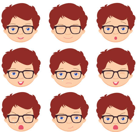 Boy with glasses emotions: joy, surprise, fear, sadness, sorrow, crying, laughing, cunning wink. Vector cartoon illustrationのイラスト素材