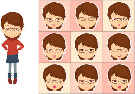 Girl with glasses emotions: joy, surprise, fear, sadness, sorrow, crying, laughing, cunning wink. Vector cartoon illustrationのイラスト素材