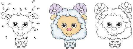 Funny fluffy sheep. Vector illustration for kids. Dot to dot game and coloring bookのイラスト素材