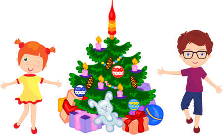 Boy and girl dancing around the christmas tree. Vector cartoon illustrationのイラスト素材