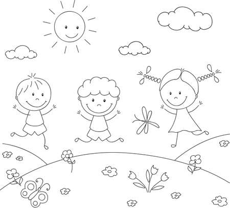 Boys and a girl playing in the meadow. Coloring book. Vector illustrationのイラスト素材