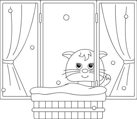 Ð¡at sitting on the window and watching to the snow. Coloring book. Vector illustrationのイラスト素材