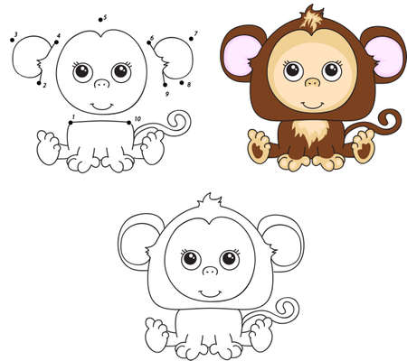 Funny and cute monkey. Vector illustration for kids. Dot to dot game and coloring bookのイラスト素材