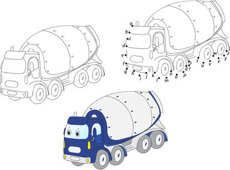 Cartoon concrete mixer. Vector illustration. Coloring and dot to dot educational game for kidsのイラスト素材