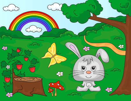 Forest glade with a hare, stub, strawberries, butterfly, trees, rainbow and flowers. Vector illustrationのイラスト素材