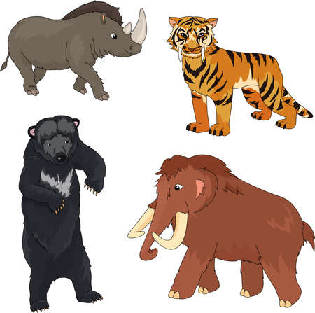 Set of mammoth, prehistoric bear, saber-toothed tiger and rhino. Vector illustrationのイラスト素材