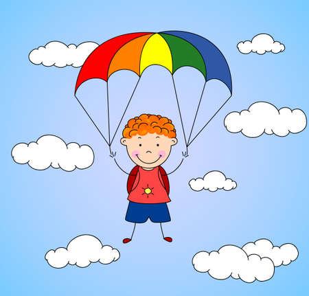 Boy parachutist descends from the sky on a parachute through the clouds. Vector illustrationのイラスト素材
