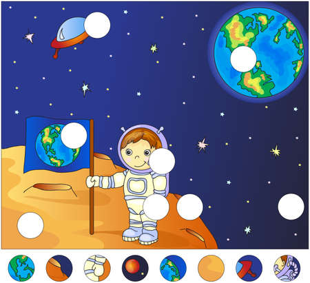 Astronaut with Earth flag on the surface of Moon. complete the puzzle and find the missing parts of the picture. Vector illustration. Educational game for kidsのイラスト素材