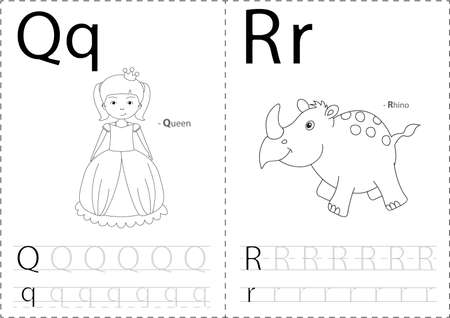 Cartoon queen and rhino. Alphabet tracing worksheet: writing A-Z, coloring book and educational game for kidsのイラスト素材