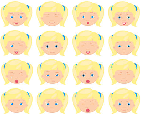 Girl emotions: joy, surprise, fear, sadness, sorrow, crying, laughing, cunning wink. Vector cartoon illustrationのイラスト素材
