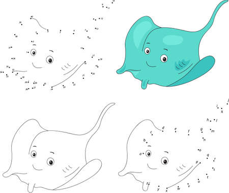 Cartoon smiling stingray. Coloring book and dot to dot educational game for kidsのイラスト素材