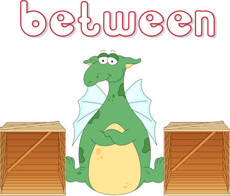 Cartoon dragon stands between two boxes. English grammar in pictures for students, pupils and preschoolersのイラスト素材