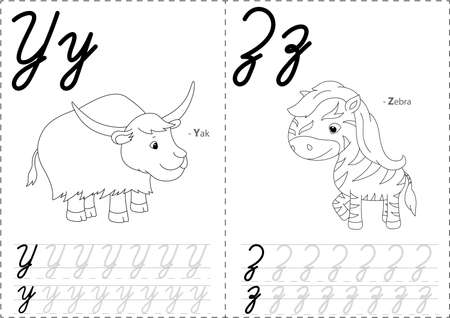 Cartoon yak and zebra. Alphabet tracing worksheet: writing A-Z, coloring book and educational game for kidsのイラスト素材
