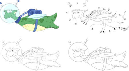 Cartoon dragon astronaut. Dot to dot educational game for kidsのイラスト素材