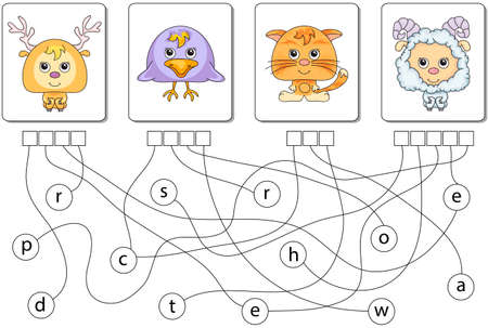 Educational puzzle game for kids. Find the hidden words deer, crow, cat, sheepのイラスト素材