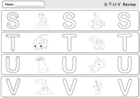 Cartoon snake, submarine, trolleybus, turtle, unicorn, ufo, volcano and violin. Alphabet tracing worksheet. S-T-U-V Reviewのイラスト素材