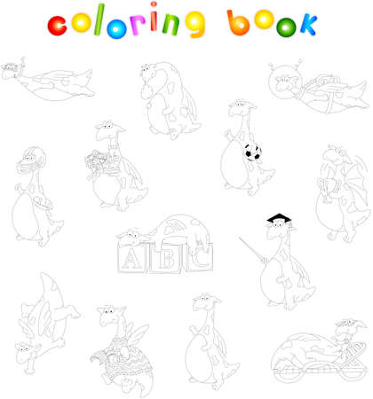Cartoon green dragon coloring book for kids. Diver, astronaut, footballer, winner, scientist, dancerのイラスト素材