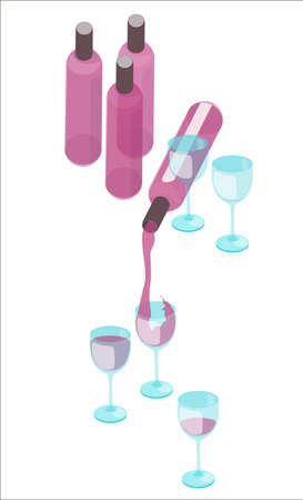 Red wine pouring into wine glass from uncorked bottleのイラスト素材
