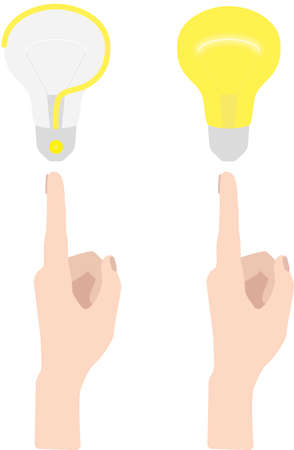 Hand with pointing finger to the light Bulb. Flat design isolated on white backgroundのイラスト素材