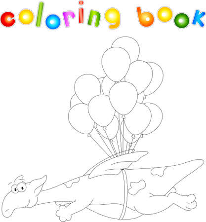 Dragon flies on balloons. Coloring book for kids. Digital illustrationのイラスト素材