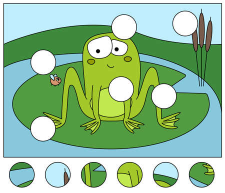 Cartoon embarrassed frog and fly. Complete the puzzle and find the missing parts of the picture. Educational game for kidsのイラスト素材