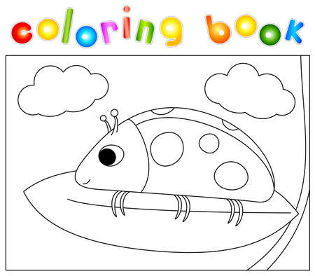 Cartoon ladybug sitting on a leaf high in the clouds. Coloring book for kids. Digital illustrationのイラスト素材