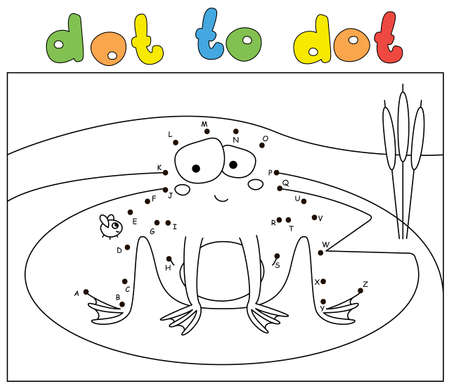 Funny cartoon frog and fly. Coloring book and dot to dot educational game for kidsのイラスト素材